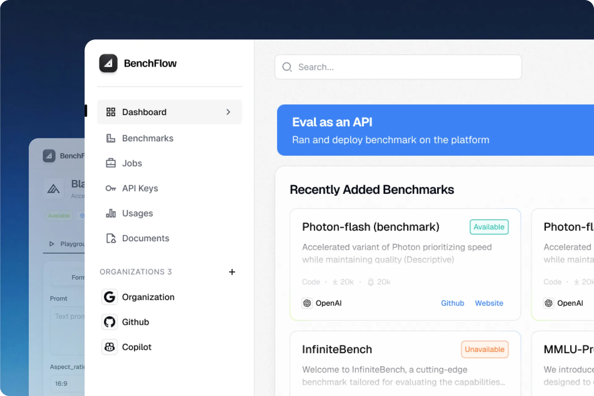 Dashboard — the Eval as an API banner above recently added benchmarks