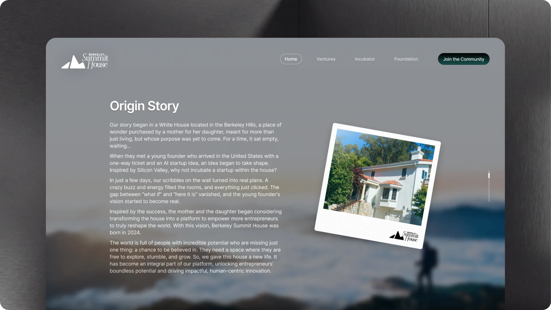 Origin Story page with a polaroid of the house