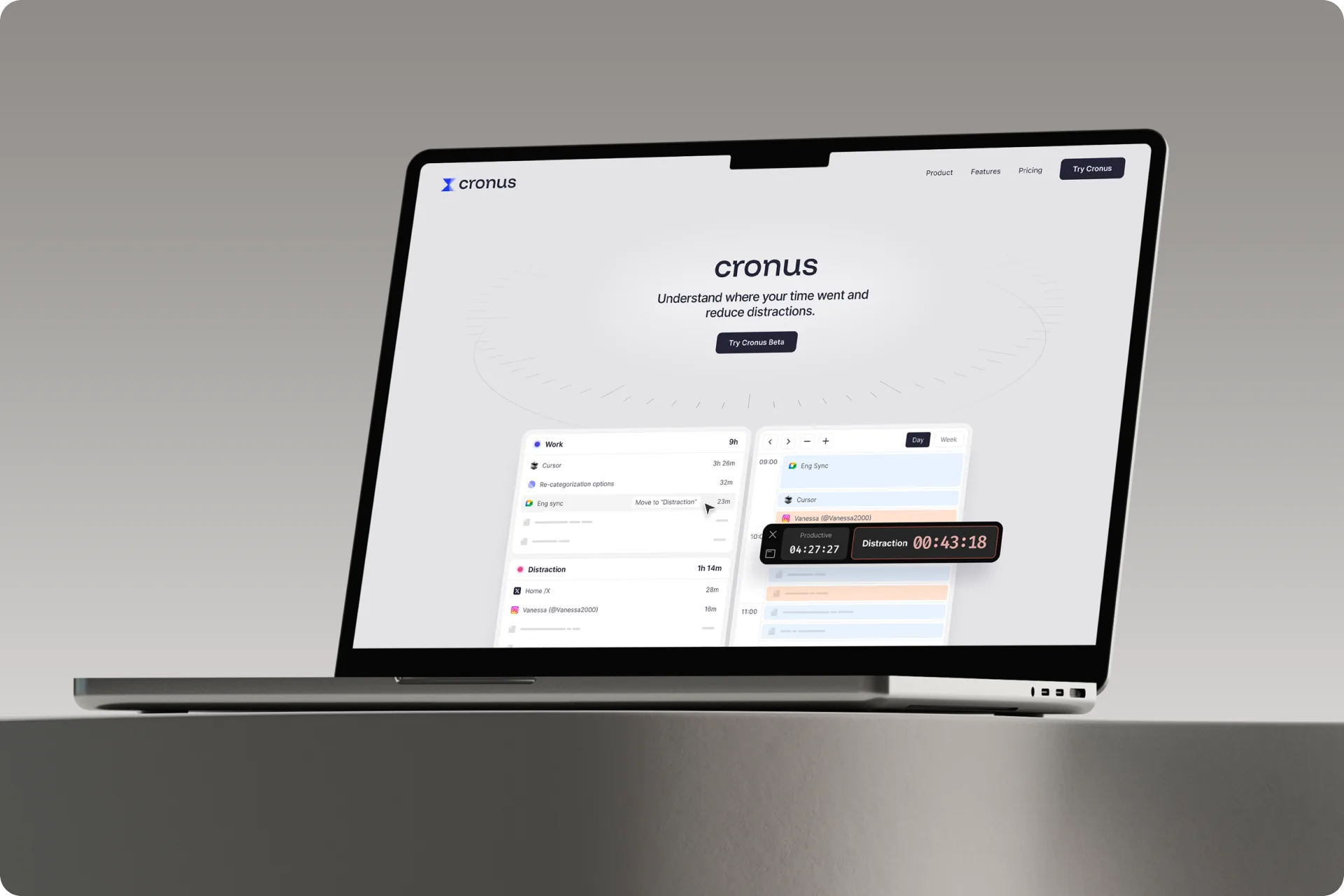 The Cronus site on a MacBook above a mirrored floor