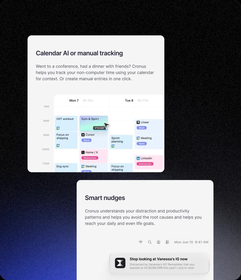 Calendar and manual tracking, with smart nudges