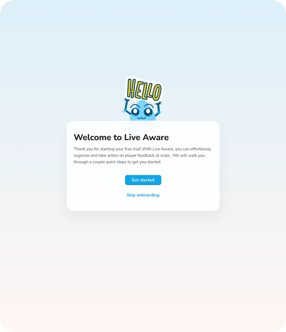 Welcome to Live Aware — the onboarding card with the mascot