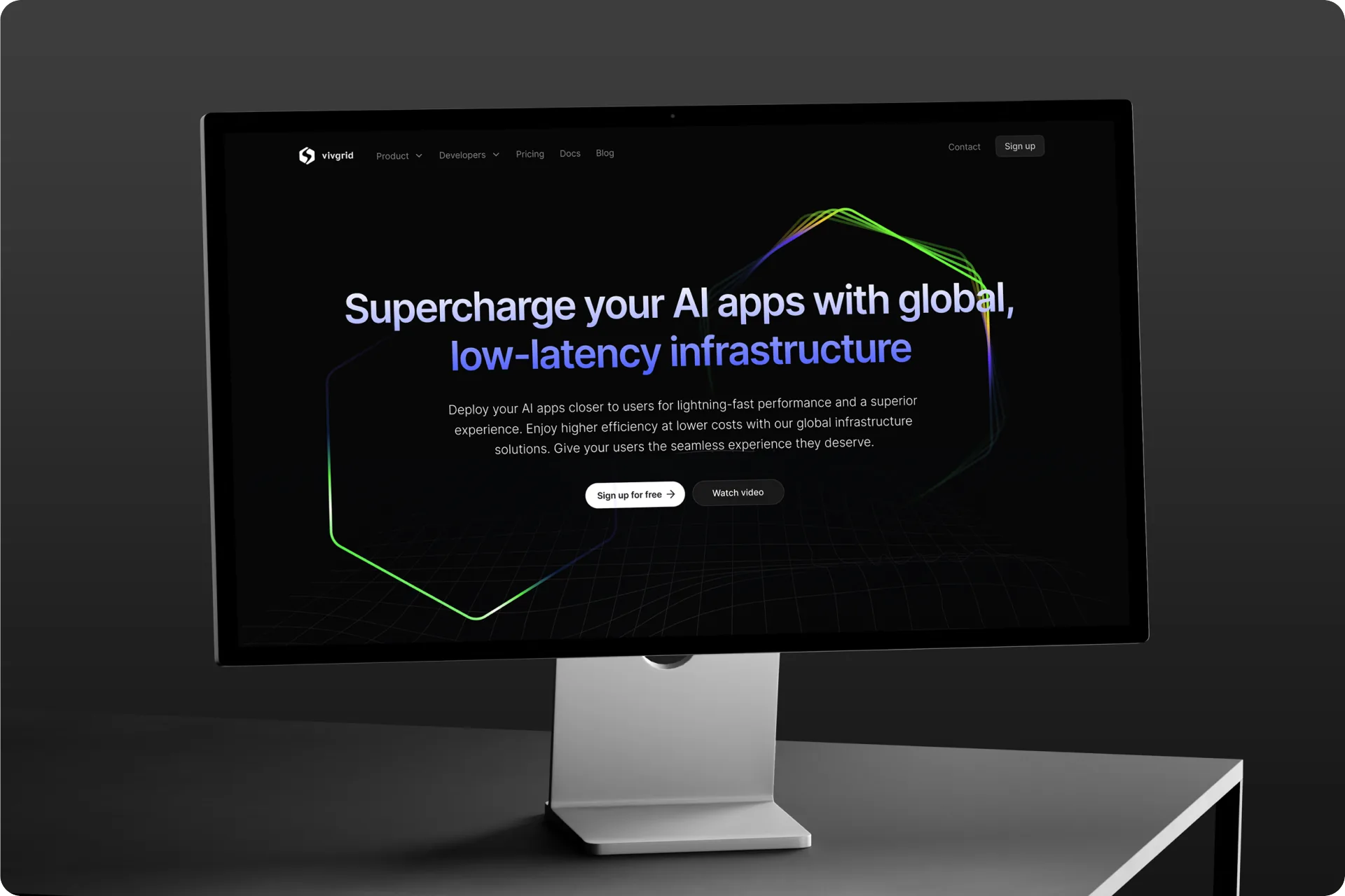 The vivgrid site on a Studio Display — Supercharge your AI apps with global, low-latency infrastructure